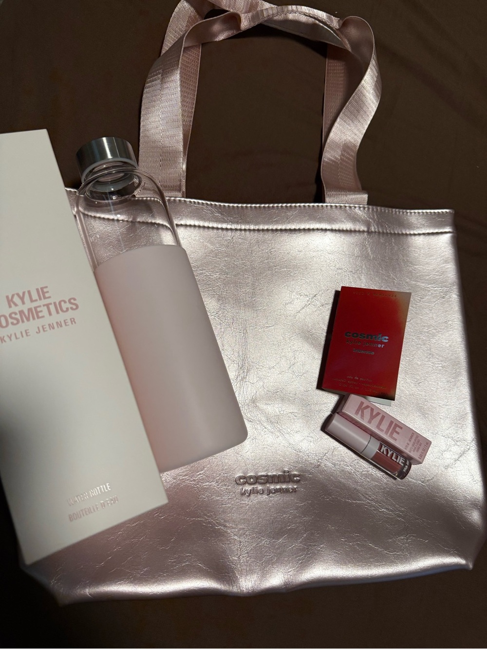 Kylie Cosmetics Metallic Pink Tote with Lipstick & glass water bottle